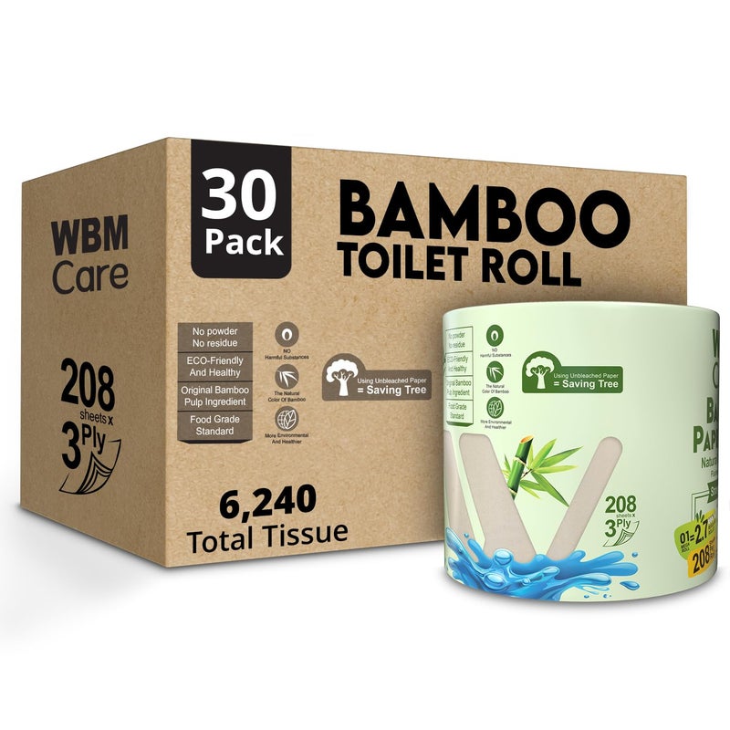 WBM Care Bamboo Toilet Tissue Strong Flexible 3Ply All Natural Tree Free and Septic Safe Paper Towels 250 Sheets Each Roll Total 7500 Sheets 30 Rolls - Image 1
